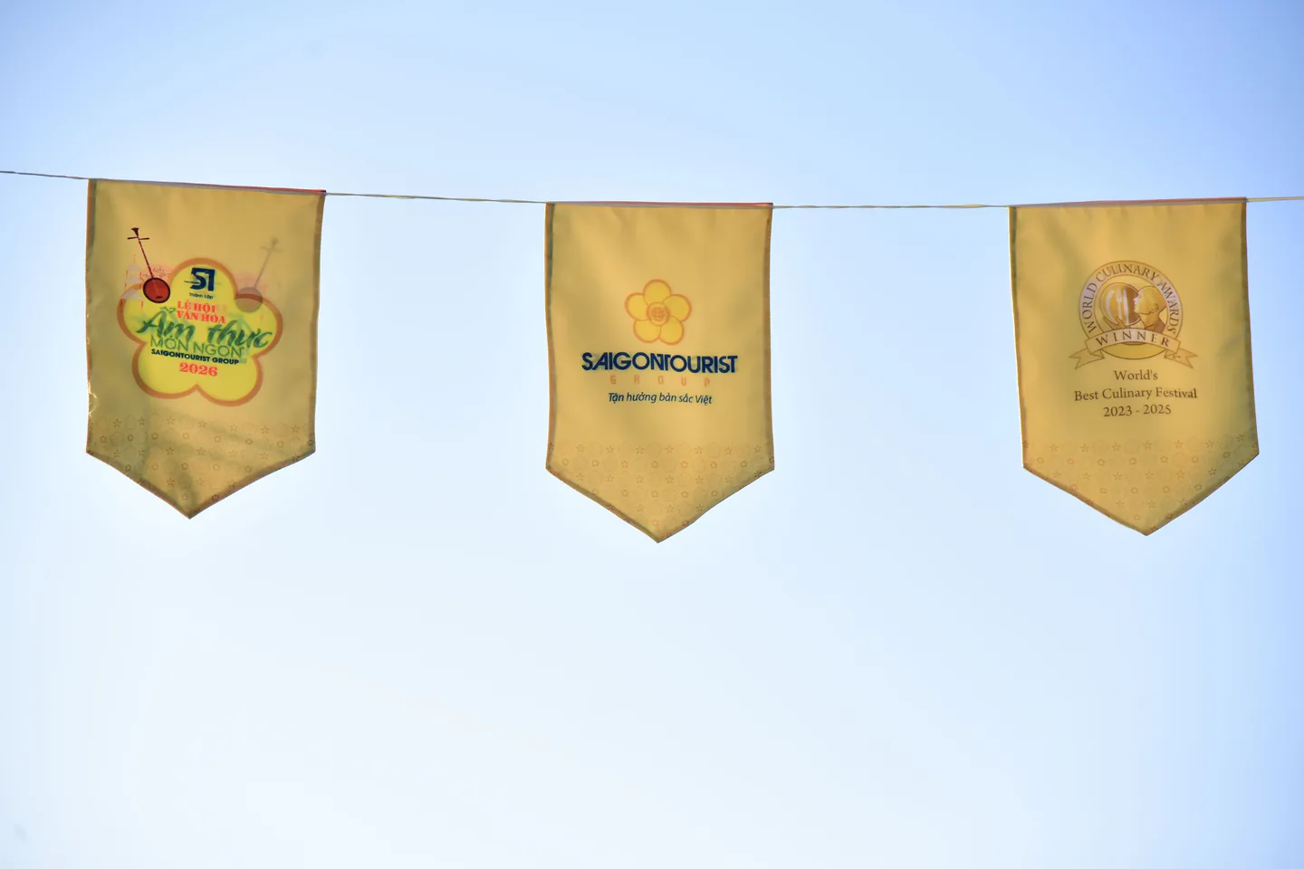 Printed fabric pennant flags displayed outdoors against the sky.